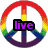 A four-quadrant displays distinct icons: a rainbow peace symbol with 'live', a heart made of colorful pixels with 'love', and paperclips with 'laugh' on a beige background