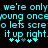 Pixelated cyan text on black background repeats phrases with musical symbols below, displaying animation through partial character changes.