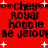 Red background with black pixelated text and white starbursts; text repeats 'chey', 'ROYAL', 'hottie', 'be jeou' across two with slight variations in spacing and character alignment