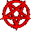 Six red pentagram-based symbols arranged in two on a gray background, with visible pixelation and some distortion in the middle