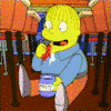 Animated contact sheet of a yellow cartoon character in blue shirt and orange pants sitting on red theater seats, holding a popcorn bucket with visible text and eating popcorn across six frames.