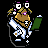 Pixelated character with brown hair, purple accents, and a white-and-black checkered outfit holding a green bottle against a black background.