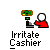 Pixel art animation of two figures: a red-shirted cashier and blue-shirted customer, with speech bubbles changing text across frames.