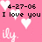 Pixelated pink background with white hearts and black text reading '4-27-06 I love you' in a retro digital style.