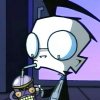 Static cartoon icon of a pale-skinned character with large round eyes drinking from a straw, holding a purple and gold container against a dark blue background.