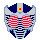 Pixelated mecha mask with blue, red, white, and yellow elements; central eye glows orange-yellow in top-right frame.