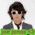 Pixelated image of a person with dark wavy hair wearing sunglasses, black choker necklace, and gray jacket over white shirt against light background.