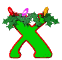 Green X-shaped figure with red outline holding holly wreath and colored lights, displayed in two of three identical frames