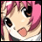 Pixelated anime-style character with pink hair and large brown eyes, mouth open in a surprised expression, against a black background with text.