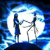 Animated sequence of two figures dancing against a moonlit backdrop, alternating between blue-toned and sepia-toned color schemes.