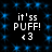 Pixelated text 'it'sss PUFF! <3' on a black background with blue star-like patterns, repeated in four identical quadrants.