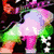 Pixelated character in pink and green outfit with purple hair, holding a glowing white object against dark background.