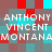 Pixelated of red, cyan, and gray squares with repeated white text reading "ANTHONY VINCENT MONTANA" in two per section