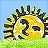 Pixelated sun icon with yellow face, black eyes and mouth, blue crown-like spikes, green grass base, light blue background.