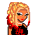 Pixel-art cartoon character with blonde hair, red collar, black top with red symbol, red pants, and red text reading 'Party Gurl' below.