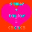 Two identical pink hearts on red background with cyan text reading 'somie + taylor = (3<3)<3' in pixelated font.