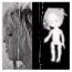 A small animated avatar with a white body and pink hair stands against a black background, holding a thin vertical stick, with a grayscale side-profile image to the left.
