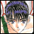 Pixelated anime-style character with dark hair and purple highlights, wearing a white top with green shoulder accents, against a red and white striped background.