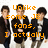 Six young men in dark blazers and light pants stand side-by-side with orange pixelated text overlaid, transitioning to three of them with additional text below.
