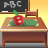 Pixelated school scene with a wooden desk, green chalkboard, red apple on the desk, and blackboard writing 'ABC' in gray.