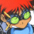 A pixelated character with red hair, green eyes, and a blue shirt holds two yellow objects near their face.