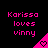 Pixelated pink text 'Karissa loves vinny' on black background with pink triangular shapes containing heart symbols.