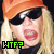 nine identical animated frames showing a person with blonde hair, orange cap, black sunglasses, and red lips making an exaggerated facial expression while text below reads 'WTF?' in green or blue