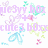 Pixelated pastel icon with floating hearts, bows, and text fragments in pink, blue, and green hues on white background.