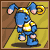 Blue cartoon rabbit with yellow and white striped shirt, golden ring on head, standing on wooden floor