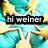 Pixelated image with a black text bar displaying 'hi weiner' over an abstract background of teal, yellow, and brown shapes.