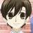 Pixelated anime-style icon of a character with short dark brown hair, large brown eyes, and a neutral expression against a pink and blue striped background.