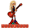 Pixel art avatar of a blonde woman with blue eyes playing a red electric guitar, standing on a gray background with 'LOVE ROCK' text below.