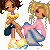 Pixel art buddy icon featuring two cartoon girls with distinct hairstyles and outfits, blue cursive text reading "Best" and "friends", and a gray transparency background in the contact sheet layout.