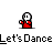 A 5x5 contact sheet of pixel art frames showing a red-shirted character with white head dancing, each frame paired with "Let's Dance" text on gray background.