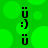 Green background with large light green circles; vertical of black pixelated text and symbols including 'ü', ':)', and 'U' characters
