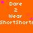 Orange background with repeated white text 'Dare 2 Wear' and 'Shorts', pink stars scattered across, gray rectangle in bottom-right corner.