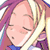 Pixelated anime-style character icon with closed eyes, pink skin tone, purple hair strands, and blue collar detail against a white background.