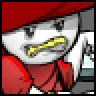 Static pixelated icon of a cartoon character with red clothing and a gold grill, set against a solid red background.