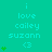 A turquoise background displays repeated text "i love cailey suzann" with a heart emoji, accompanied by green pixelated hearts that animate in quantity across frames.