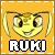 A 4x4 contact sheet of a yellow cartoon insect character with large eyes and antennae, labeled "RUKI" in white text below each frame, showing subtle animation variations across all frames except the bottom-right corner which is gray.