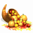 A pixelated cornucopia overflowing with pumpkins and gourds in warm yellow, orange, and brown tones against a white background.