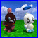 Two pixelated characters stand on green grass under a blue sky with clouds; one dark brown, the other white, both have large eyes and simple features.