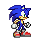 Pixelated blue hedgehog character with green eyes, white gloves, red shoes, and yellow chest accents in walking animation sequence.