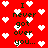 Red background with white pixelated hearts and repeated dark green text reading "I never got over you..." in a vertical arrangement.