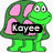 Green cartoon turtle with pink shell patterns and white eyes, standing upright with a smile, overlaid with black text reading 'Koyee' on a white background.