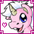 Pixelated pink unicorn head with large blue eyes, a single horn, and a small heart symbol in the bottom-left corner.