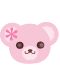 Pink pixelated bear head with brown eyes, small nose, and mouth; left ear has pink flower symbol; right side shows musical note above the same bear head.
