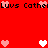 Red background with repeated pixelated text and heart symbols in pink and white.