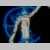 A pixelated figure in light tones stands against a dark blue and black background with a faint light streak on the right.