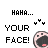 Pixelated text and a circular mouth icon with pink tongue, showing two animation frames where the eyes change from three small Y shapes to two.